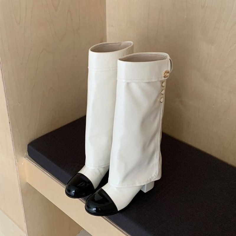 No Show Sock Women - エレガントな黒白のスプライスデザインのニーハイブーツ、レディース用、折り返し可能なカフ、ゴールドボタン、ラウンドトゥ、ブロックヒール、トールブーツ