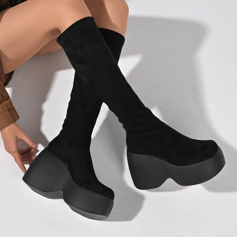 Knee High Sock Women - 冬の新作スキニープラスサイズストレッチソックスブーツ、スーパーハイヒールプラットフォーム、カウスエードファッション、トールブーツ