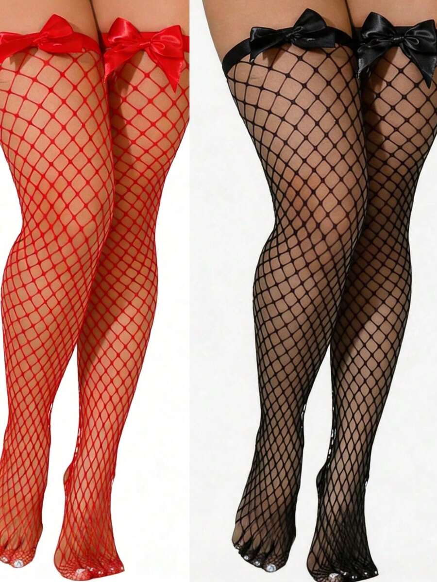 ボウデコレーションフィッシュネット太もも丈ストッキング、伸縮 - Fishnet Stocking Women のレビューと価格